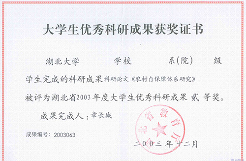 湖北省2003年度“省大学生优秀科研成果二等奖”